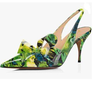YDN Green Painting High Heel Pumps Bow Pointed Toe Slingback Slip on Sandal